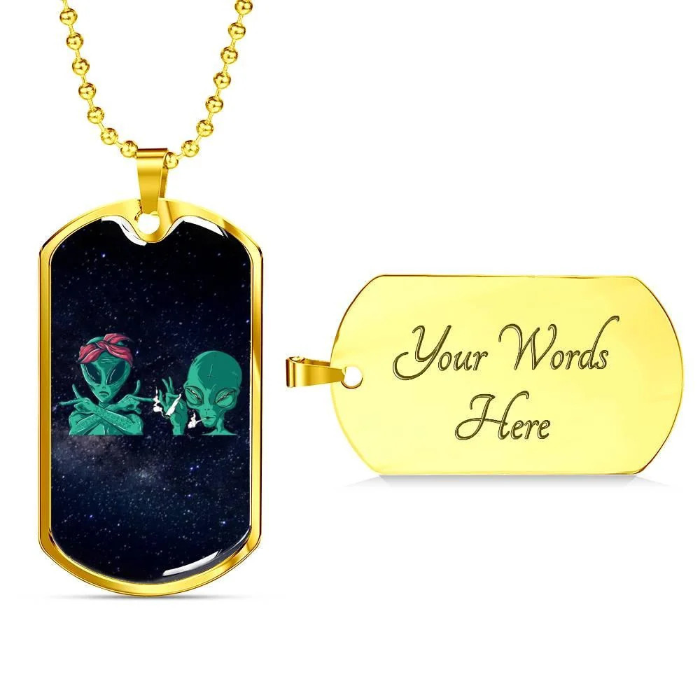 Cool Aliens Necklace UFO Alien Fan Personalized Engraved Gold Dog Tag Necklace
